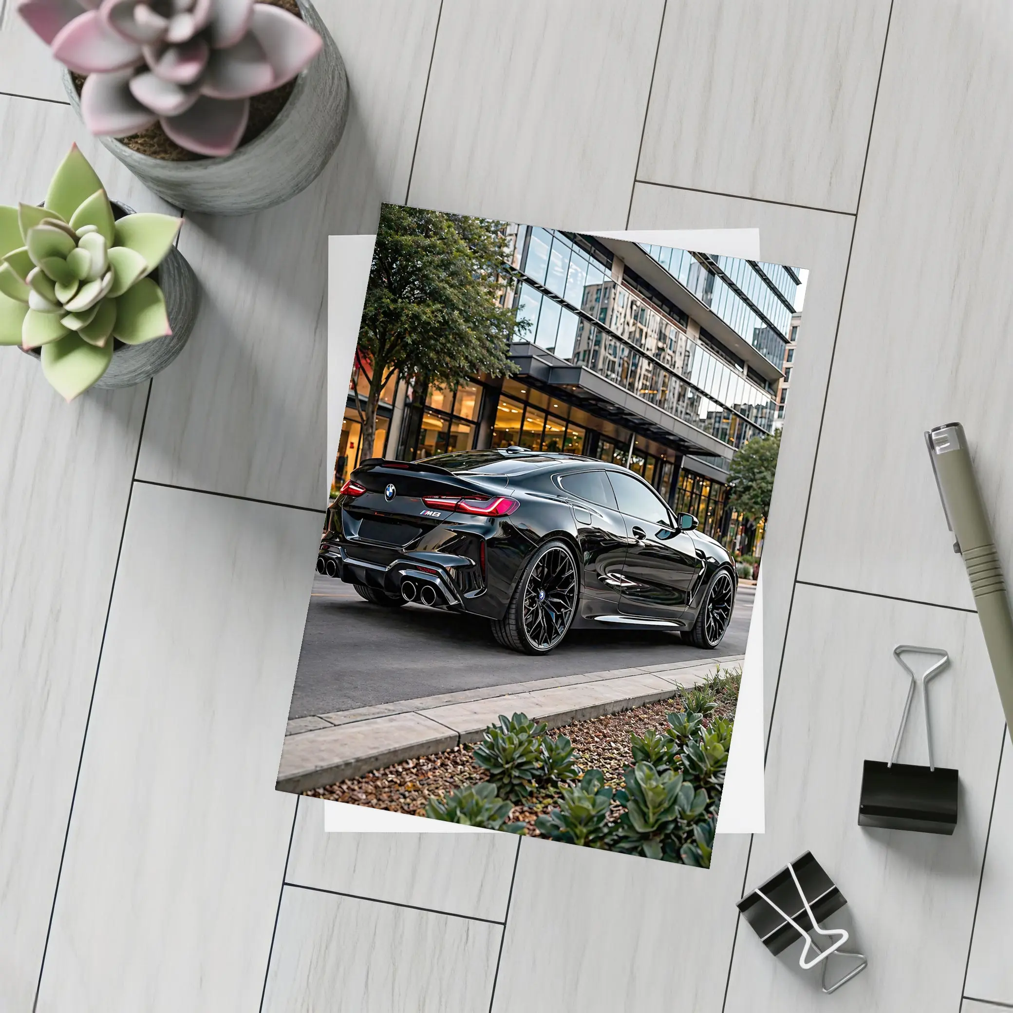 BMW M8 Black Coupe Urban Street Setting – Postcards