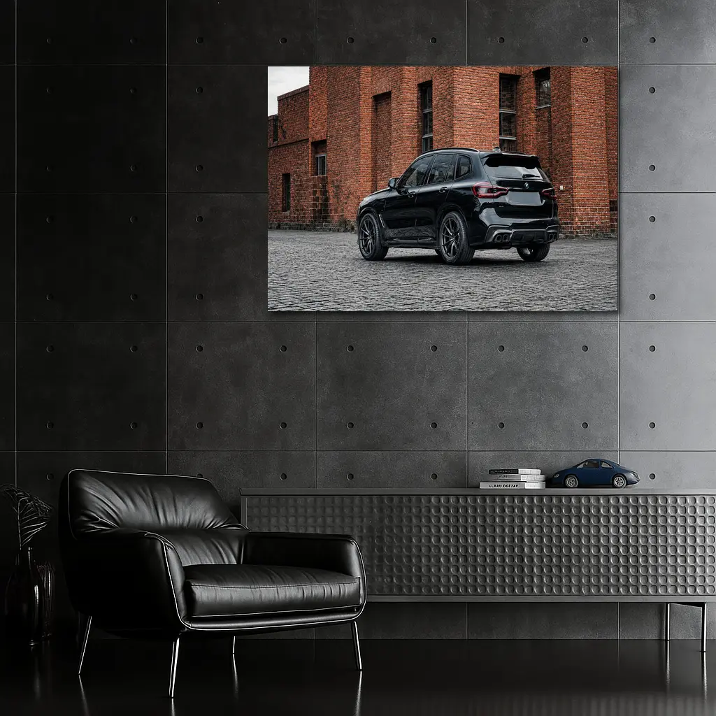 Black BMW X5M Parked Near Brick Building – Wall Art