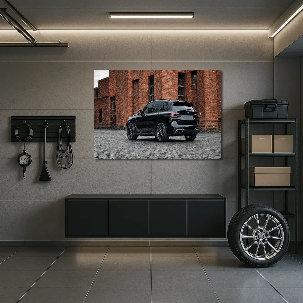Black BMW X5M Parked Near Brick Building – Wall Art