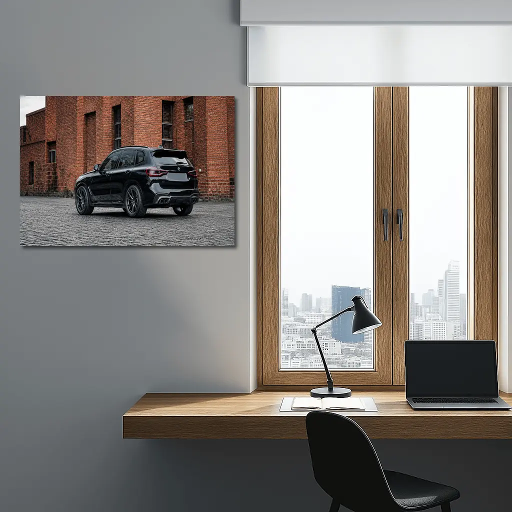 Black BMW X5M Parked Near Brick Building – Wall Art