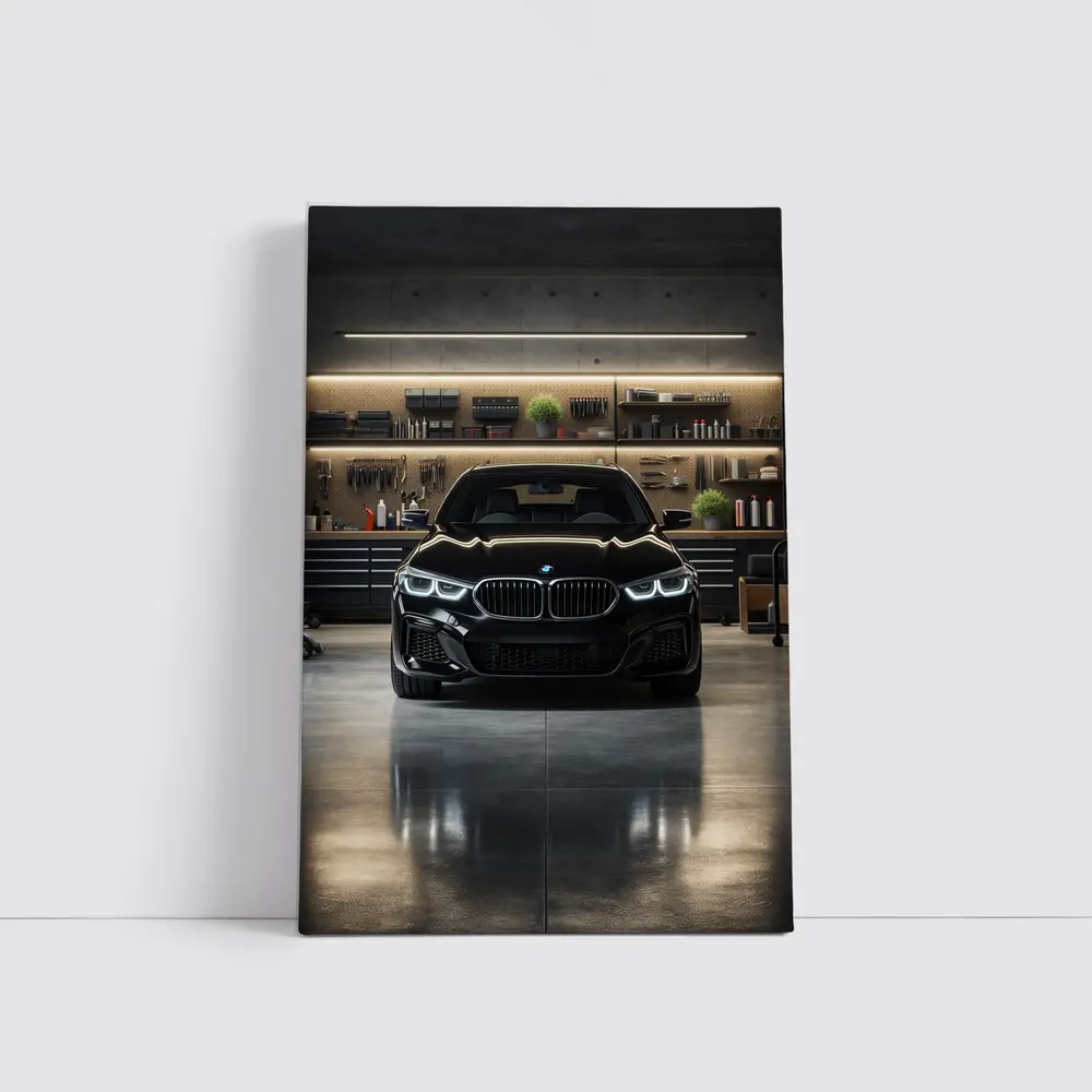 Black BMW Sedan Parked in Dark Garage – Wall Art