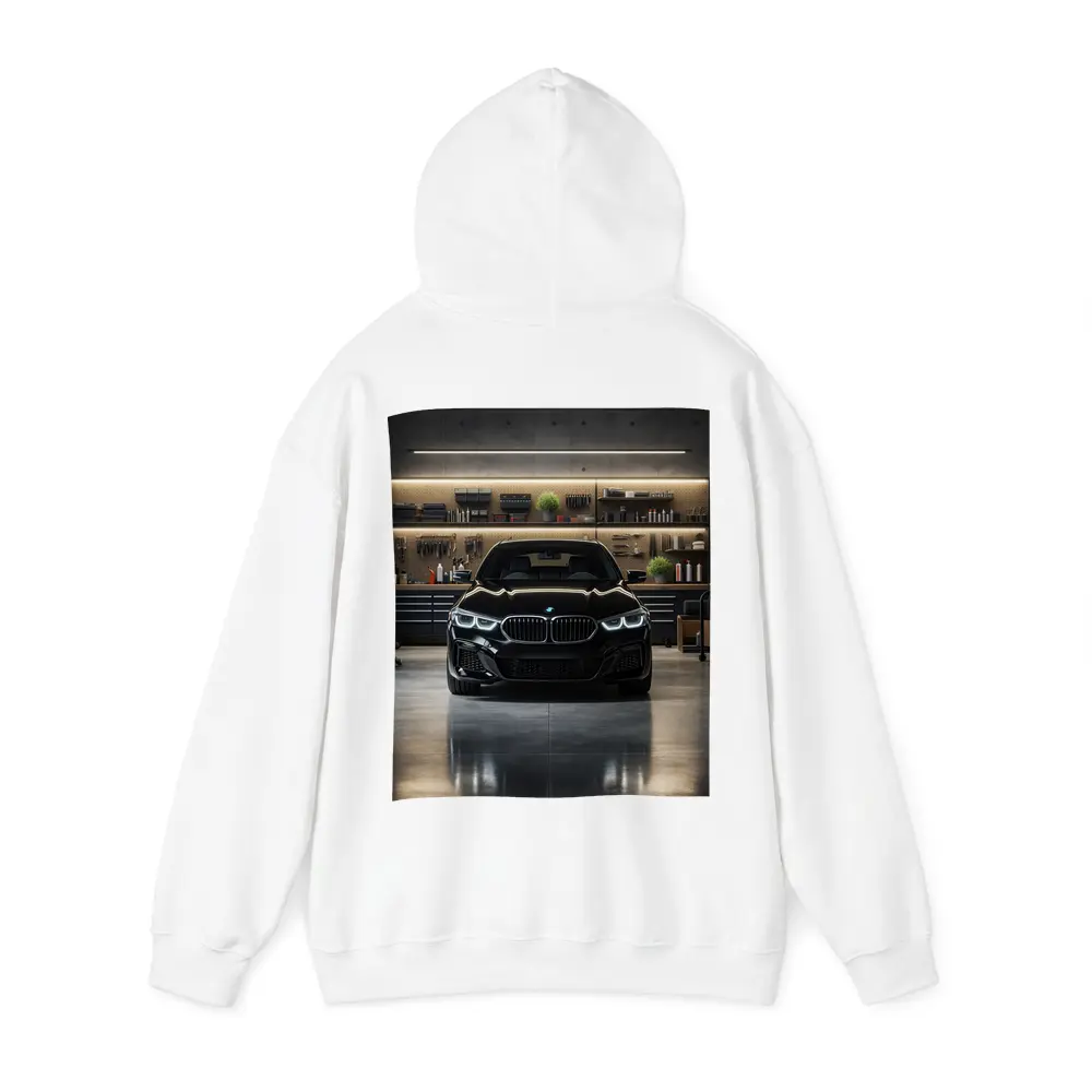 Black BMW Sedan Parked in Dark Garage – Hoodies