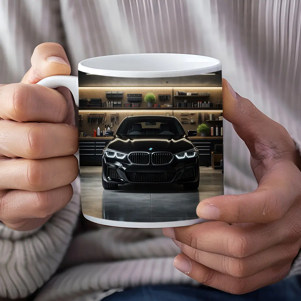 Black BMW Sedan Parked in Dark Garage – Mugs