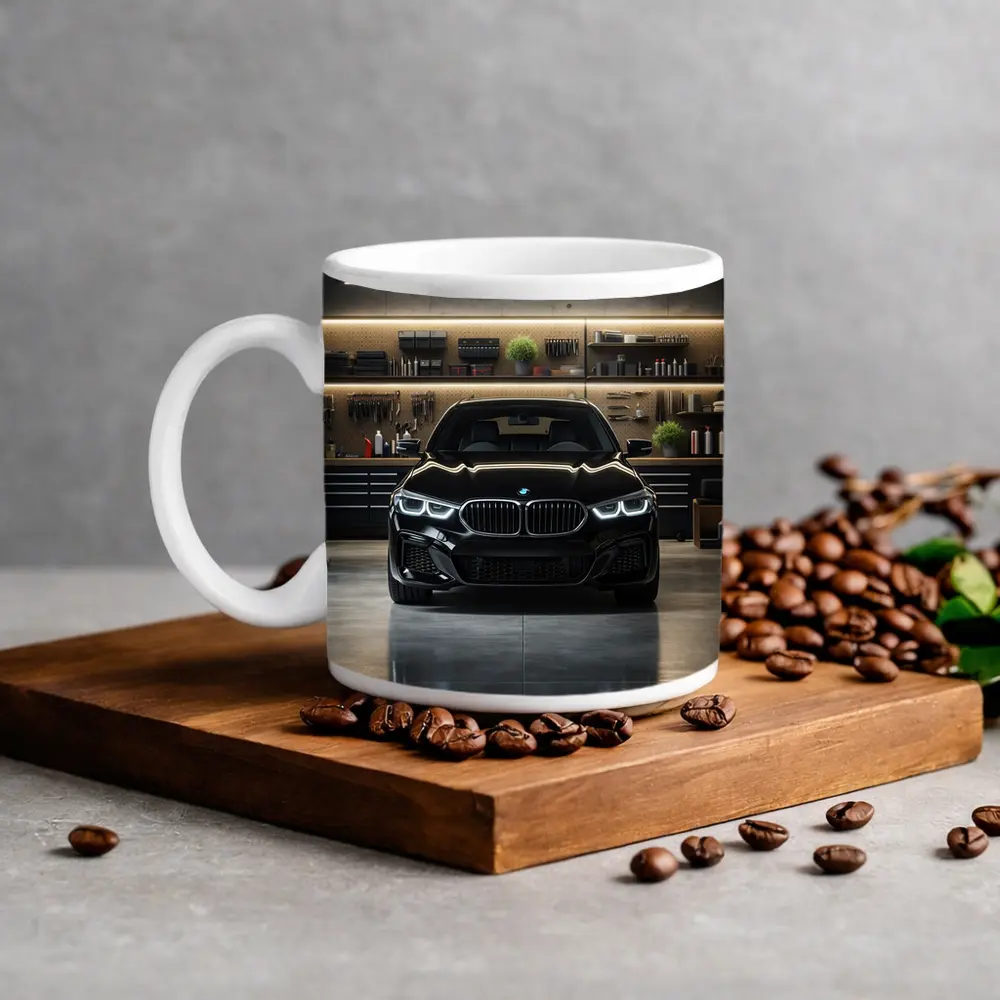 Black BMW Sedan Parked in Dark Garage – Mugs