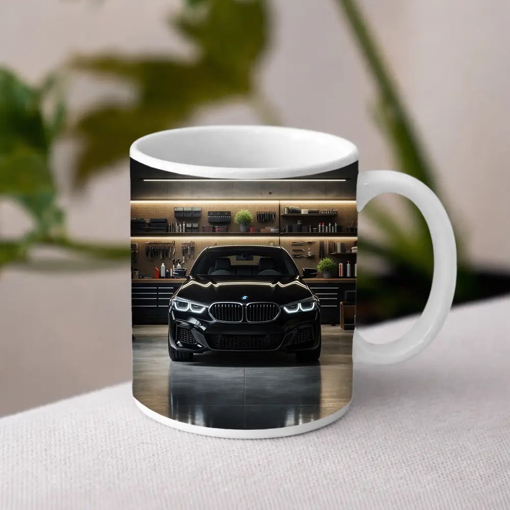 Black BMW Sedan Parked in Dark Garage – Mugs