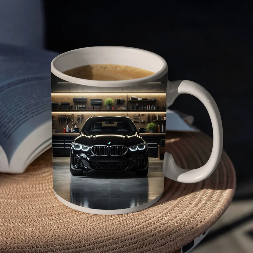 Black BMW Sedan Parked in Dark Garage – Mugs