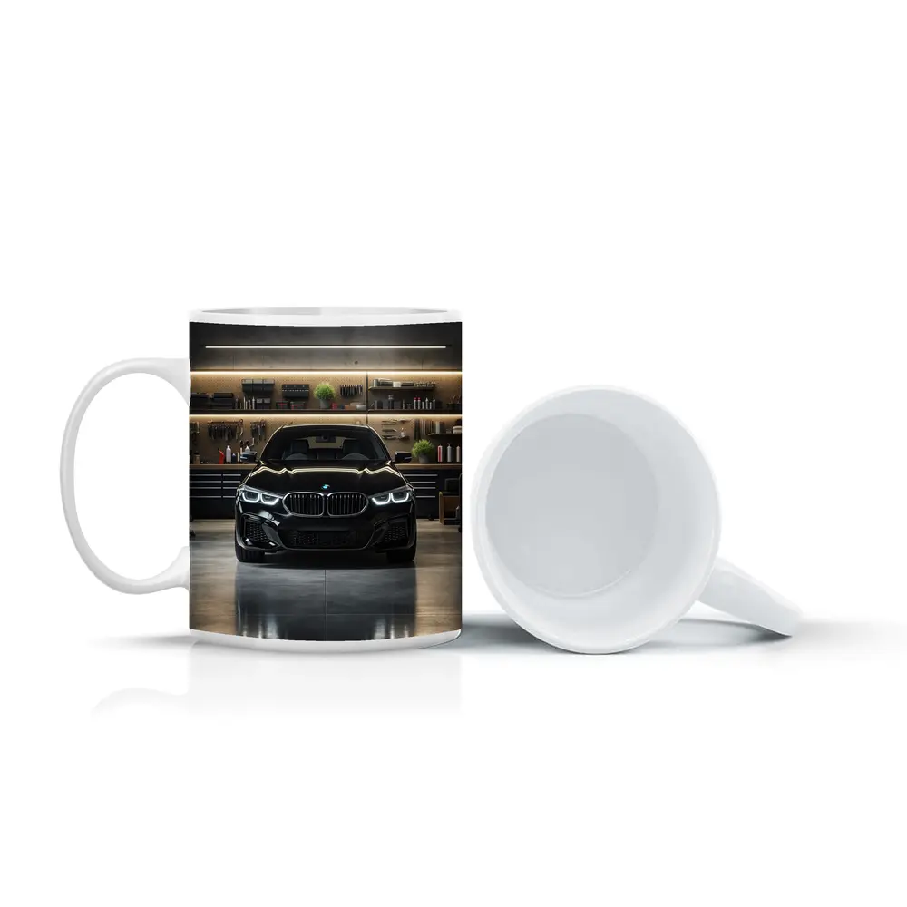 Black BMW Sedan Parked in Dark Garage – Mugs