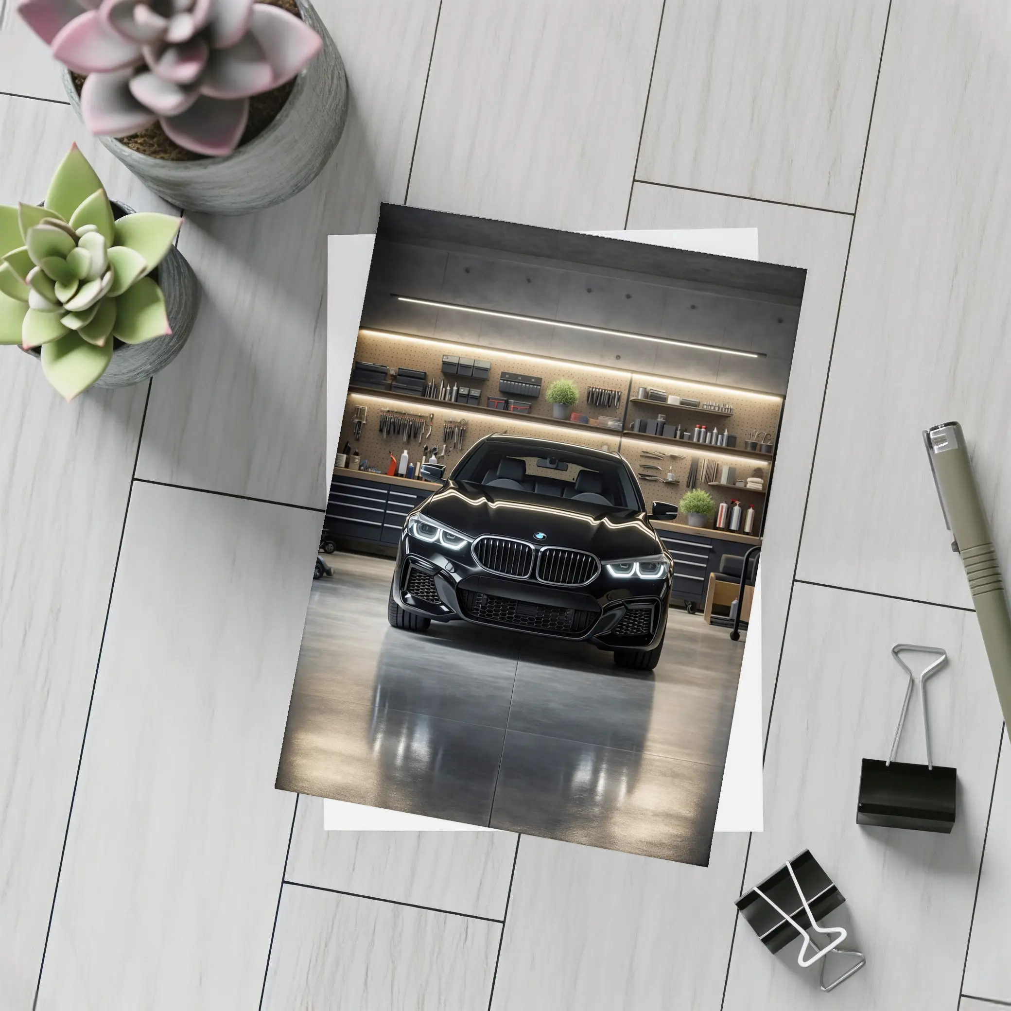 Black BMW Sedan Parked in Dark Garage – Postcards