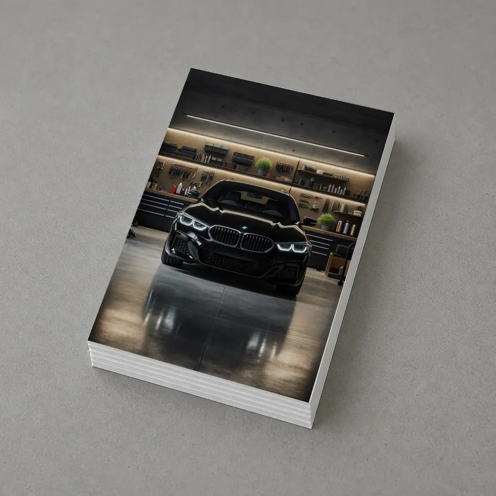 Black BMW Sedan Parked in Dark Garage – Postcards