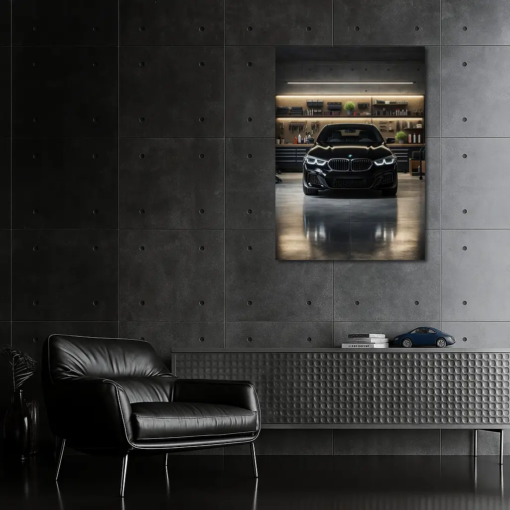Black BMW Sedan Parked in Dark Garage – Wall Art