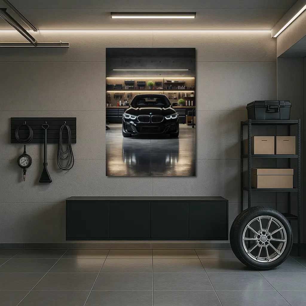 Black BMW Sedan Parked in Dark Garage – Wall Art