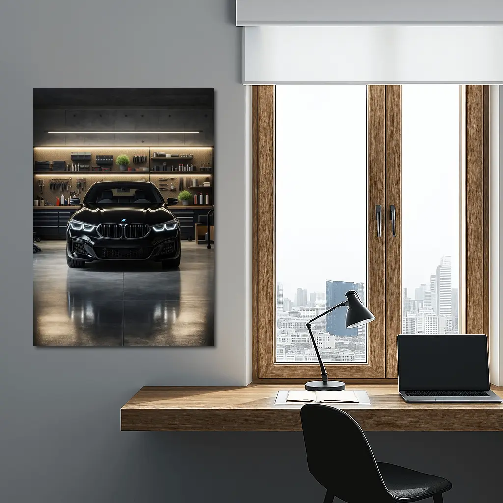 Black BMW Sedan Parked in Dark Garage – Wall Art