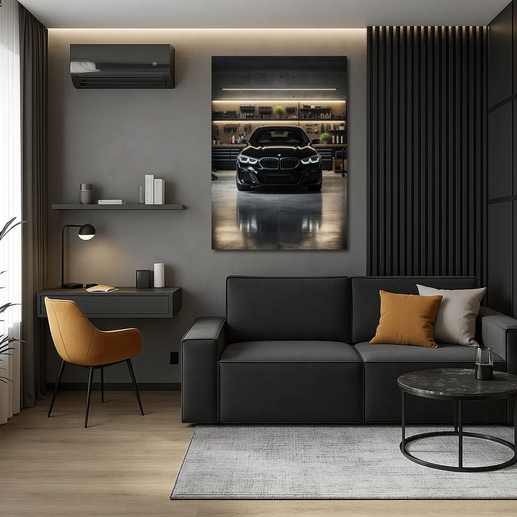 Black BMW Sedan Parked in Dark Garage – Wall Art
