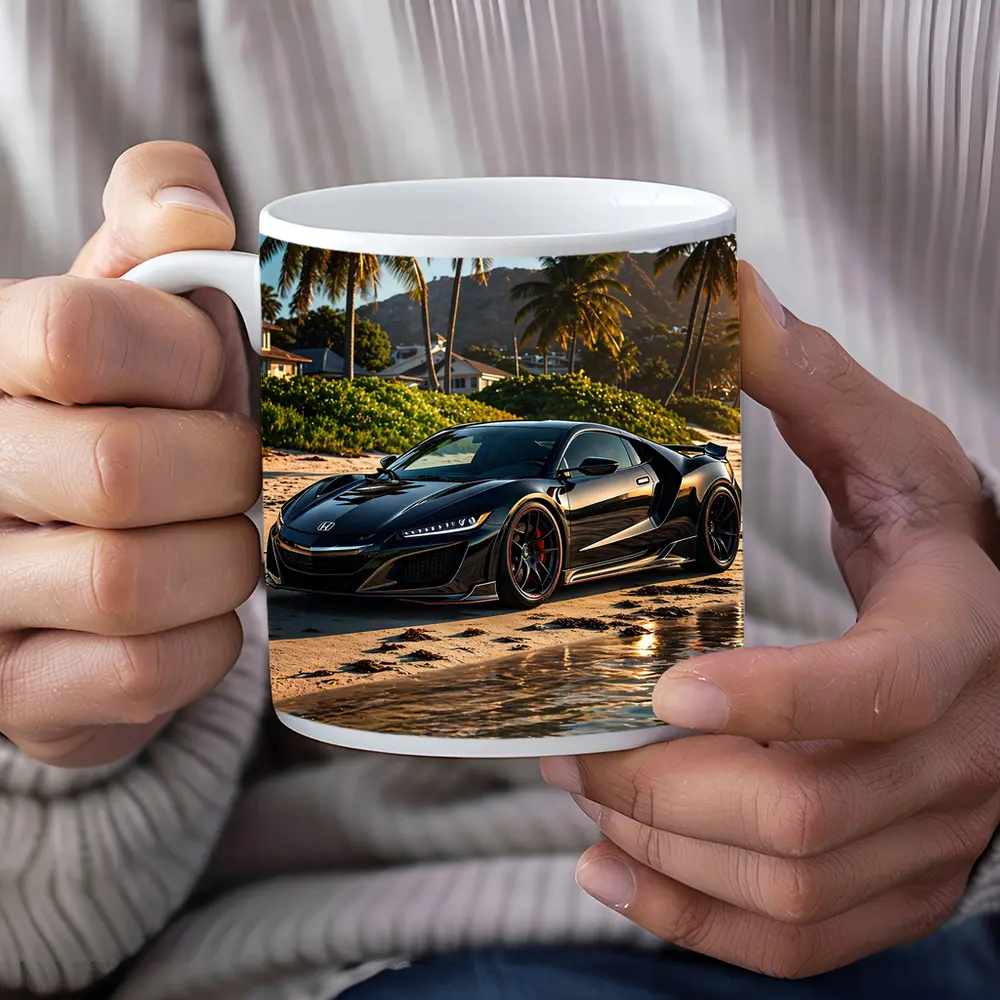 Black Honda NSX Parked On Sandy Beach – Mugs
