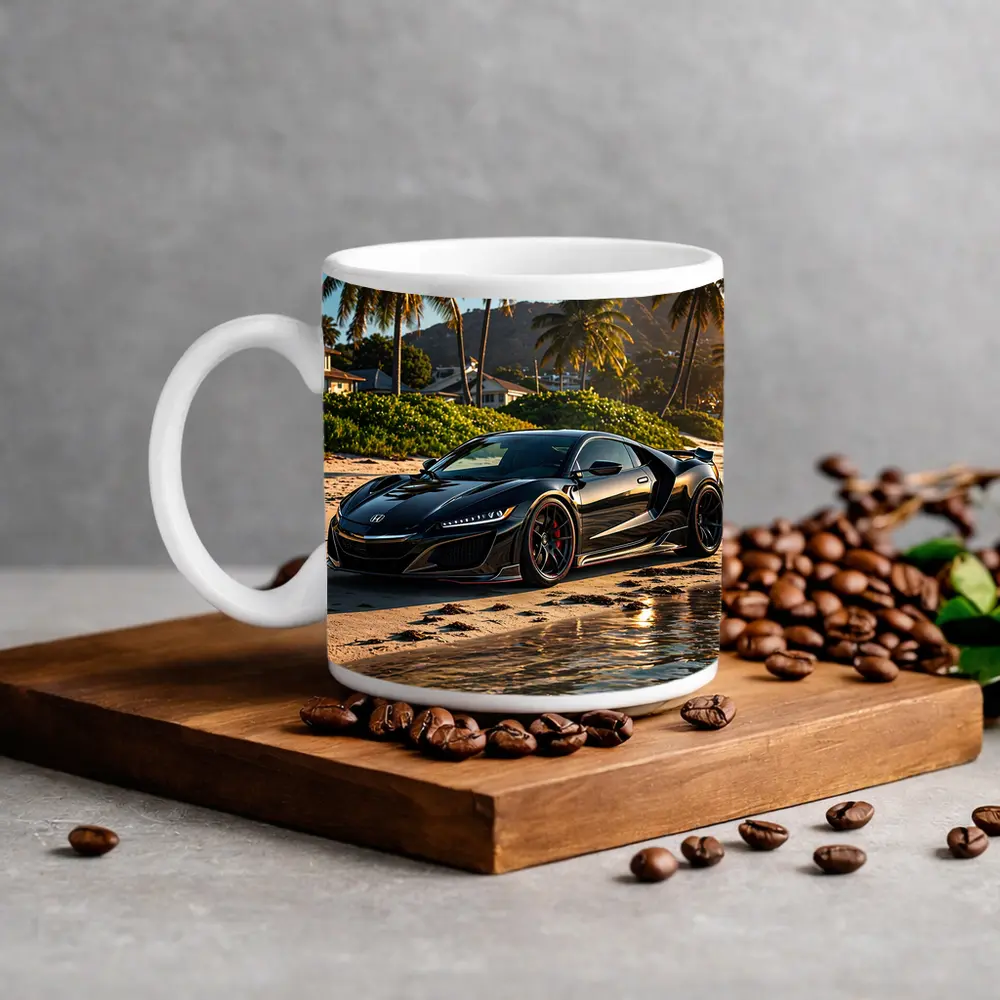 Black Honda NSX Parked On Sandy Beach – Mugs