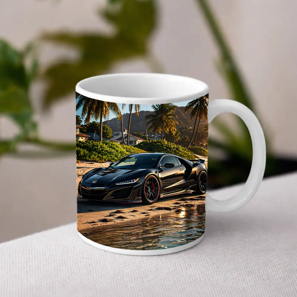 Black Honda NSX Parked On Sandy Beach – Mugs