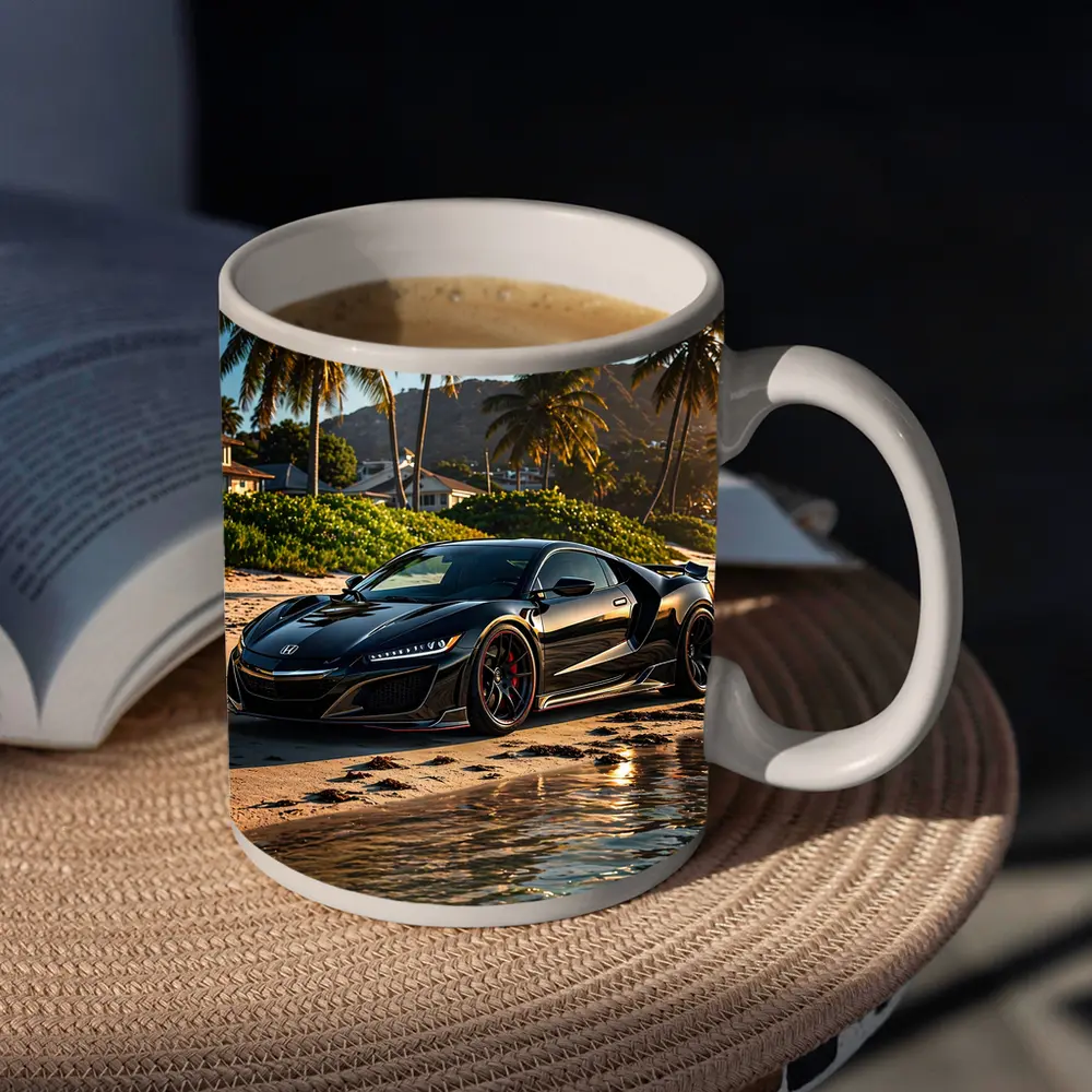 Black Honda NSX Parked On Sandy Beach – Mugs