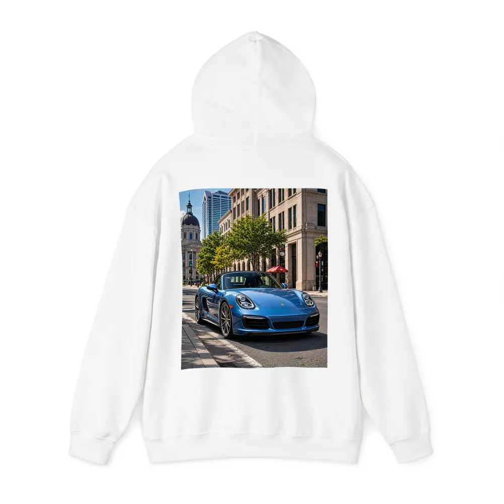 Blue Porsche Boxster Parked Downtown City Street – Hoodies