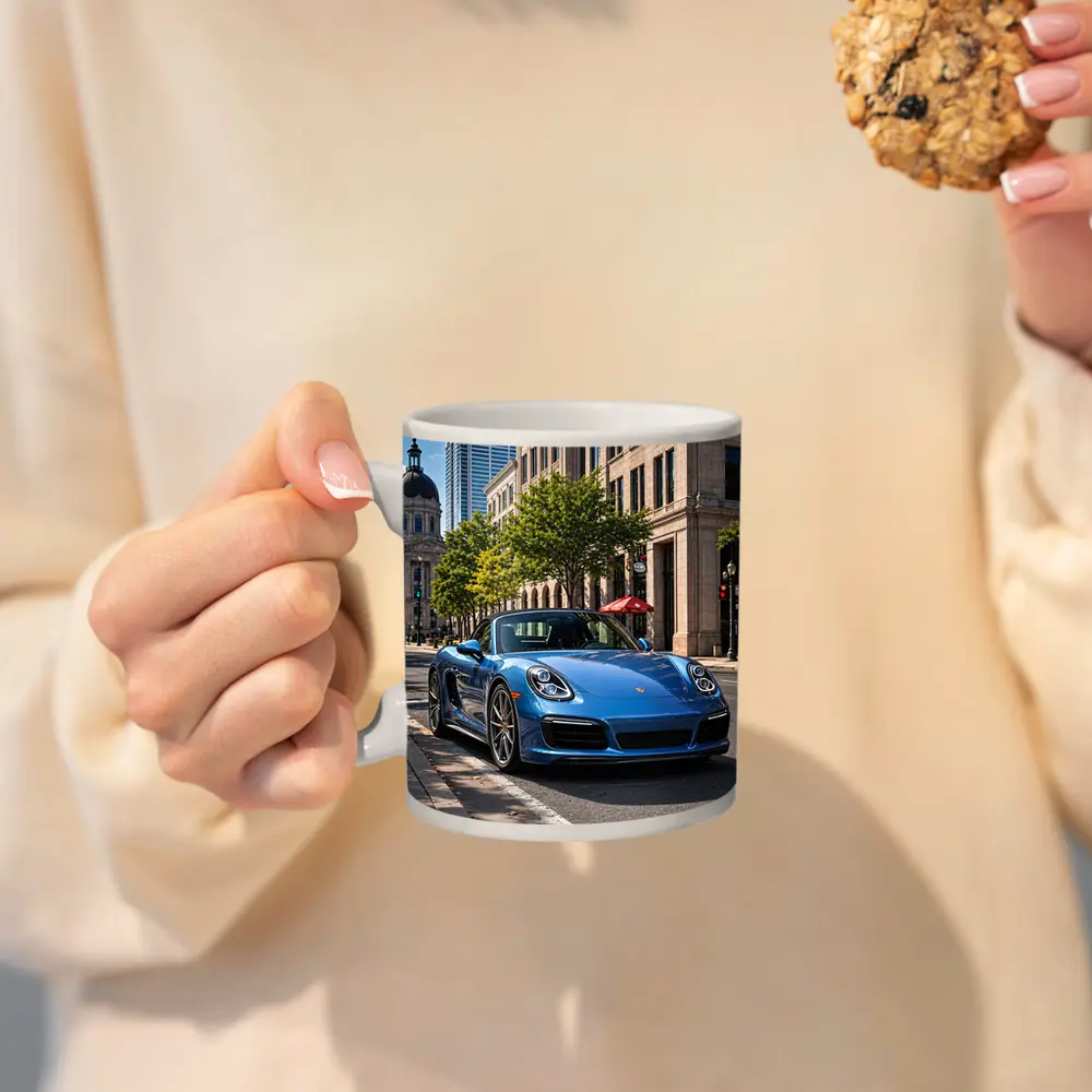 Blue Porsche Boxster Parked Downtown City Street – Mugs