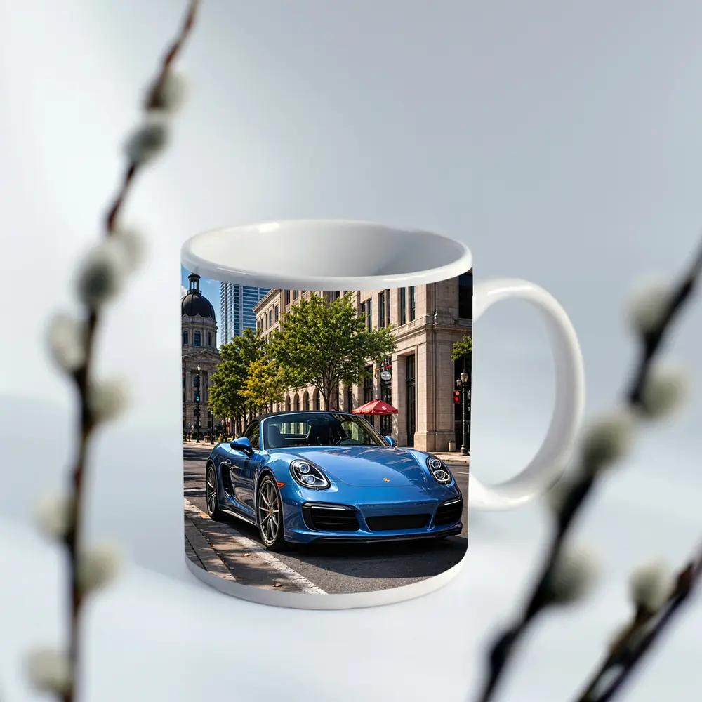Blue Porsche Boxster Parked Downtown City Street – Mugs