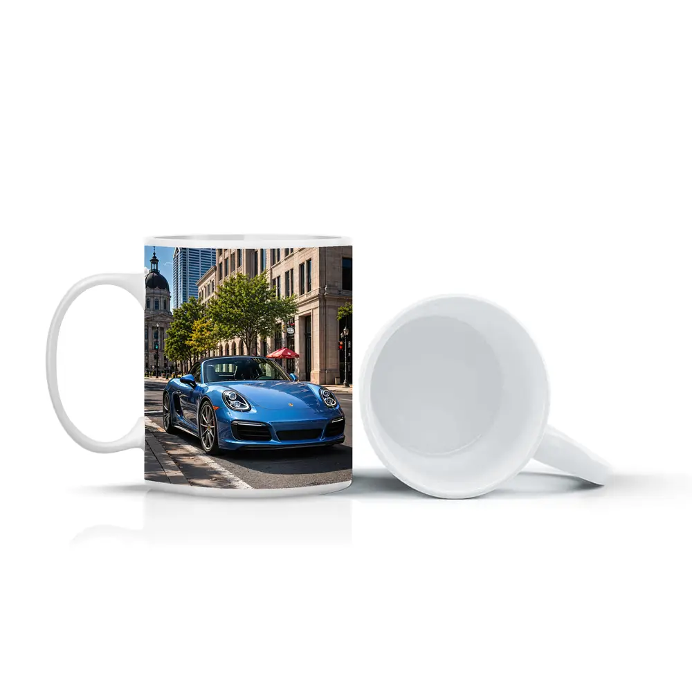 Blue Porsche Boxster Parked Downtown City Street – Mugs