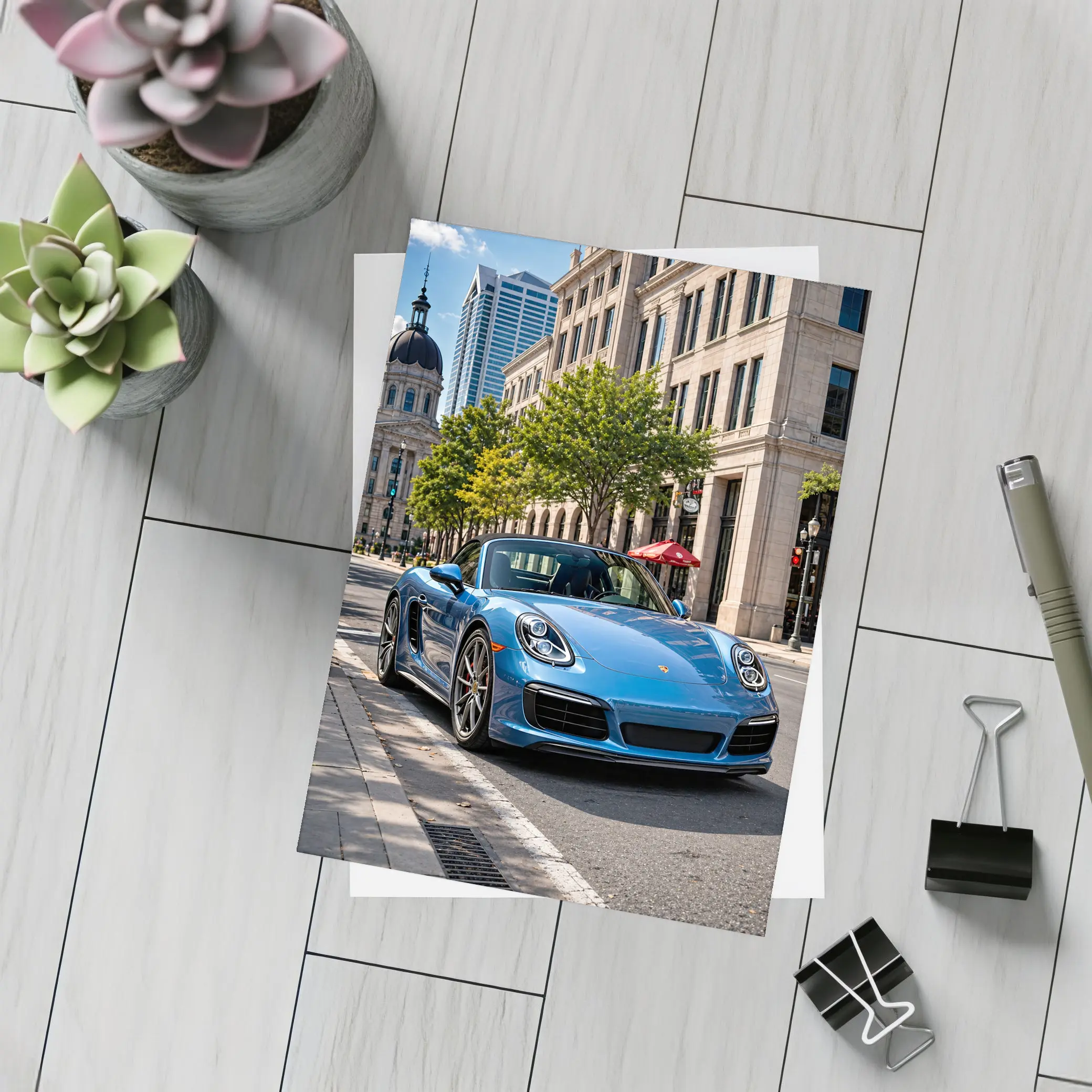 Blue Porsche Boxster Parked Downtown City Street – Postcards
