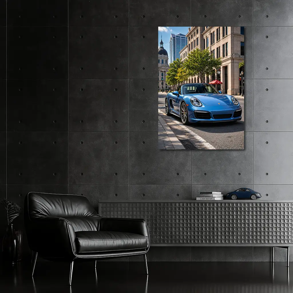 Blue Porsche Boxster Parked Downtown City Street – Wall Art