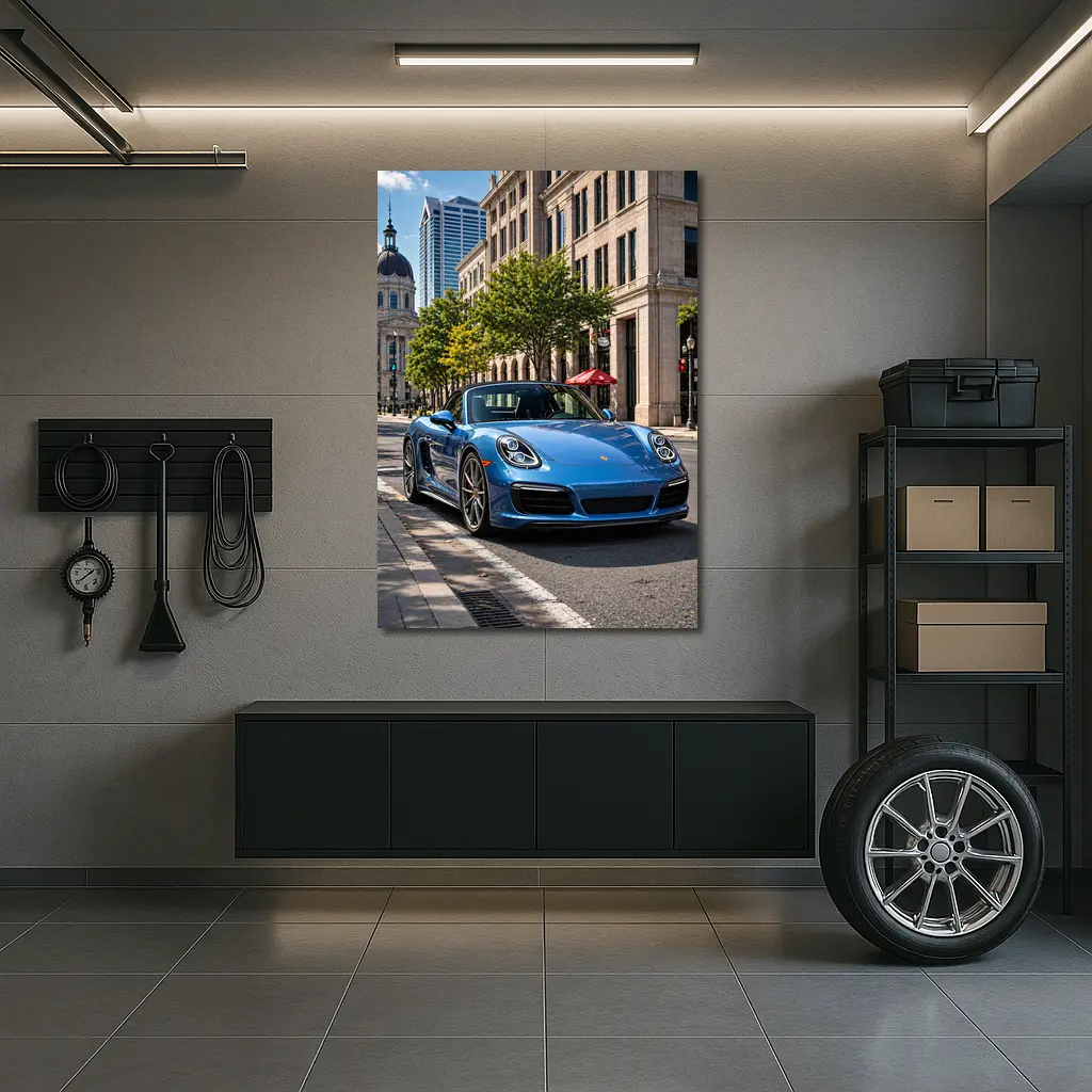 Blue Porsche Boxster Parked Downtown City Street – Wall Art