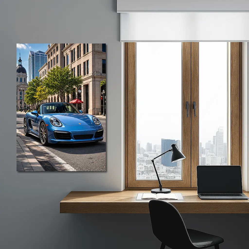 Blue Porsche Boxster Parked Downtown City Street – Wall Art