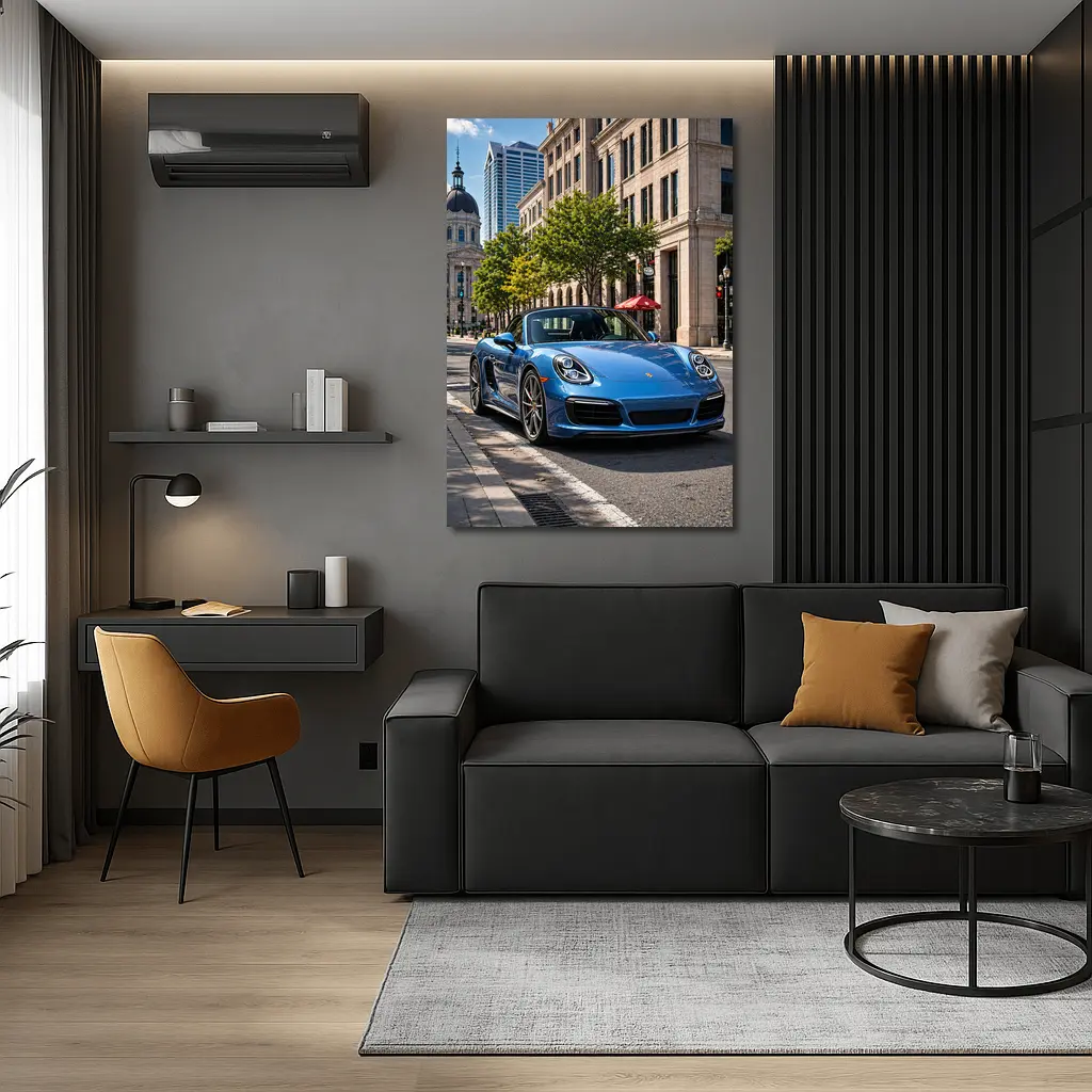 Blue Porsche Boxster Parked Downtown City Street – Wall Art