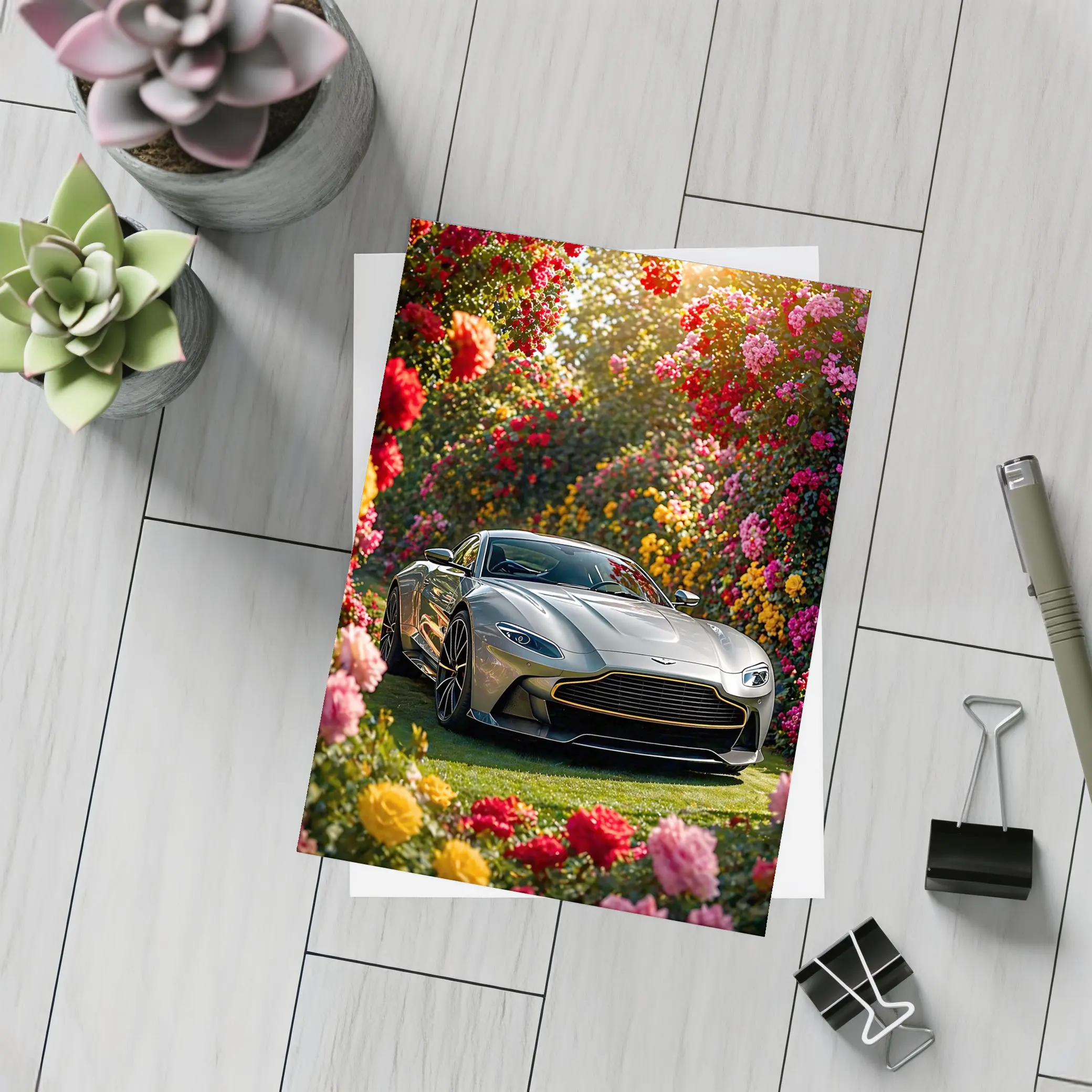 Aston Martin Vantage Gray Sports Car Garden – Postcards
