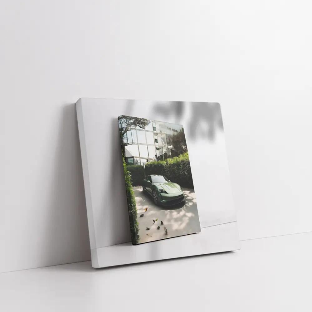 Green Porsche Taycan Parked By Glass Building – Wall Art