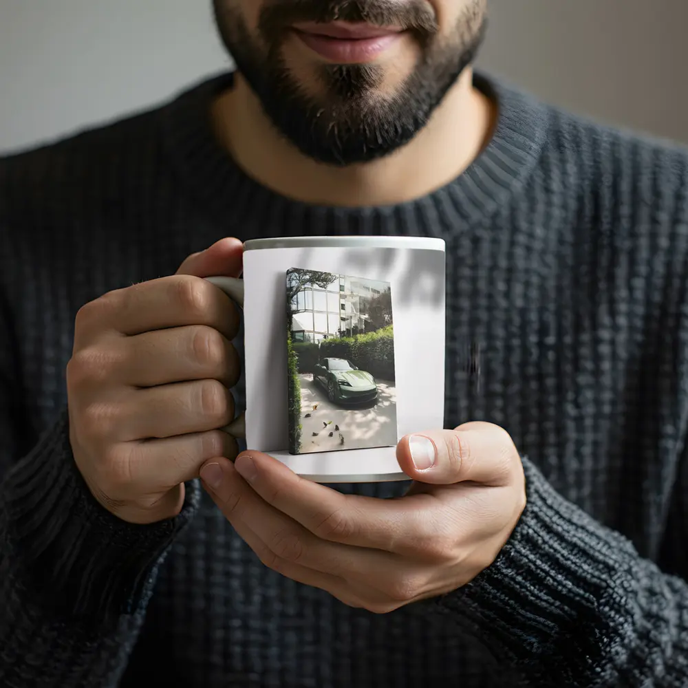 Green Porsche Taycan Parked By Glass Building – Mugs