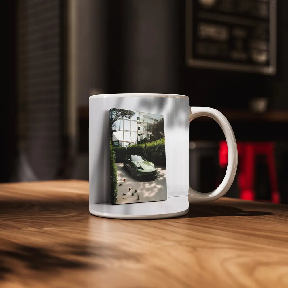 Green Porsche Taycan Parked By Glass Building – Mugs