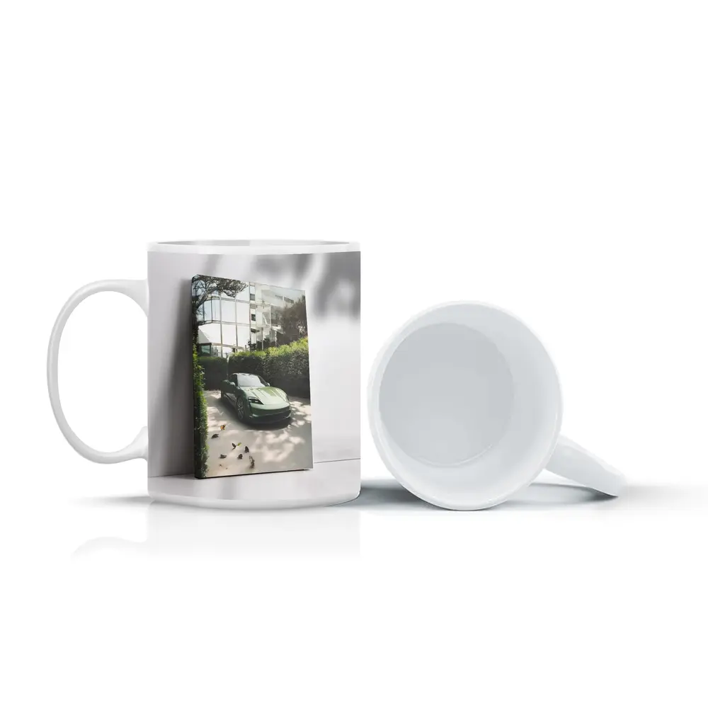 Green Porsche Taycan Parked By Glass Building – Mugs