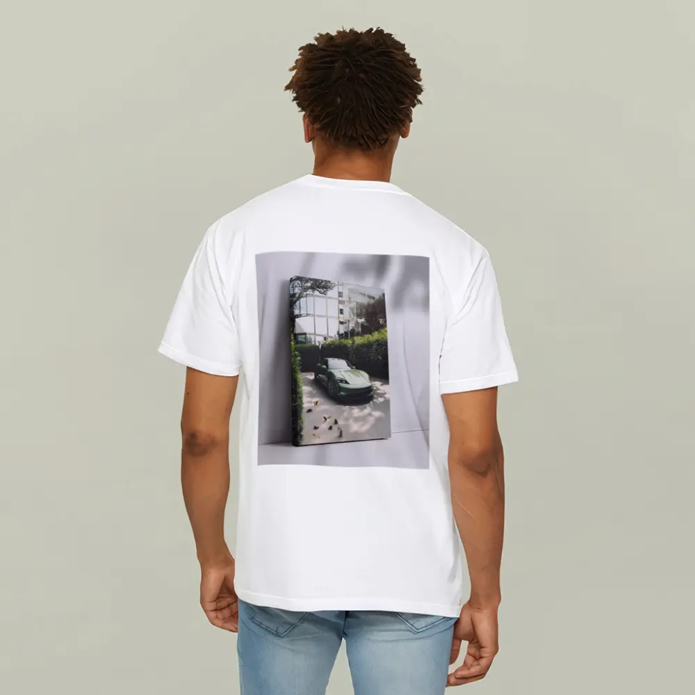 Green Porsche Taycan Parked By Glass Building – T-Shirts