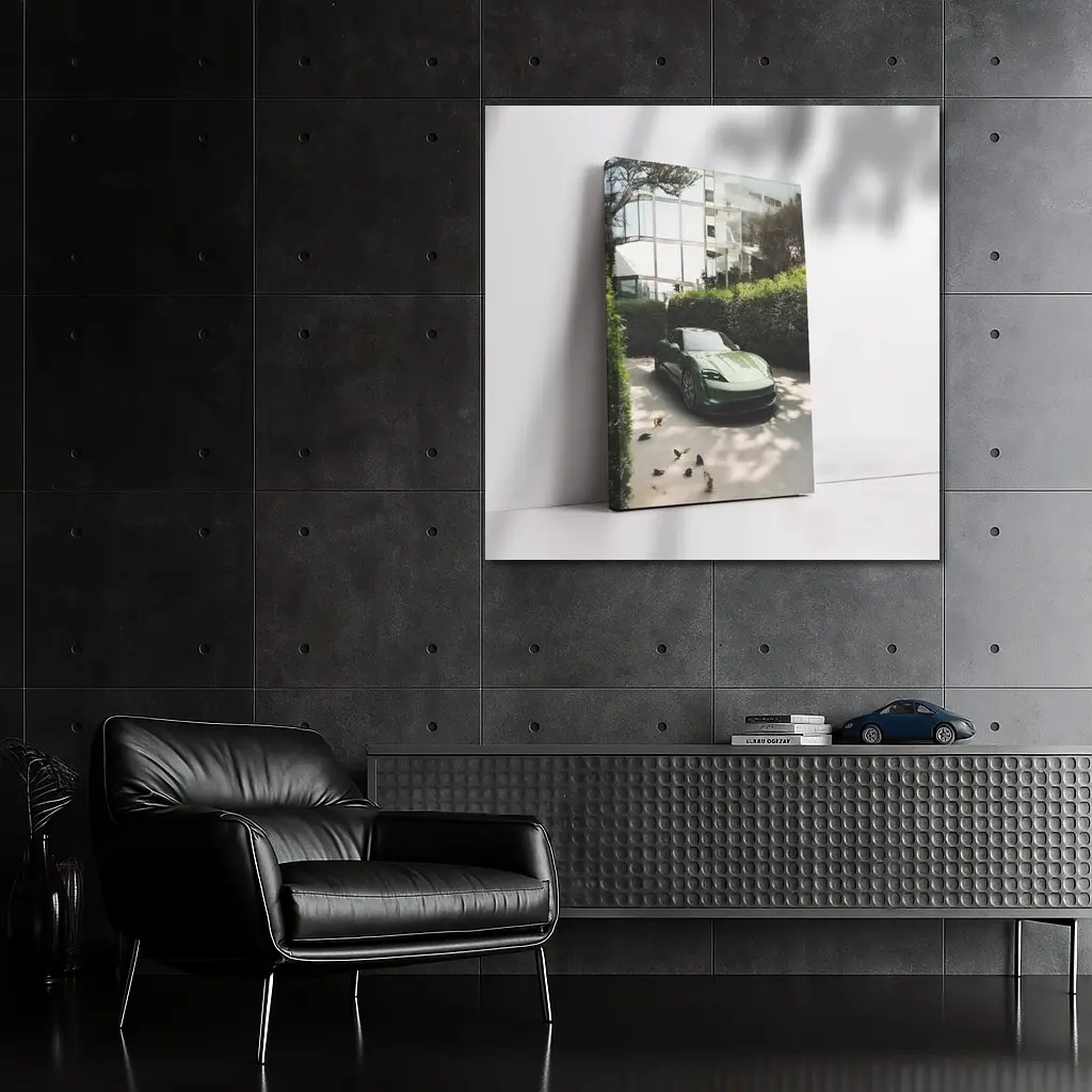 Green Porsche Taycan Parked By Glass Building – Wall Art
