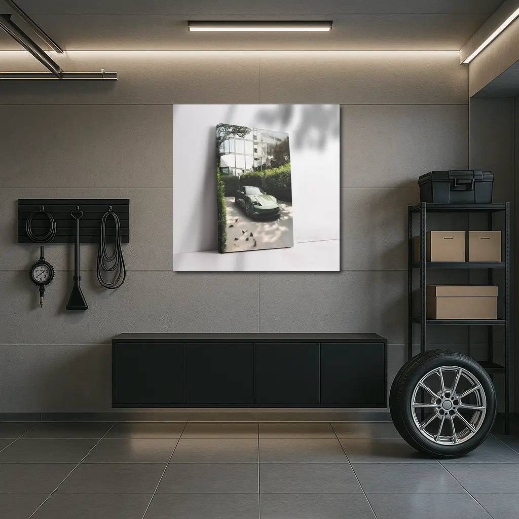 Green Porsche Taycan Parked By Glass Building – Wall Art