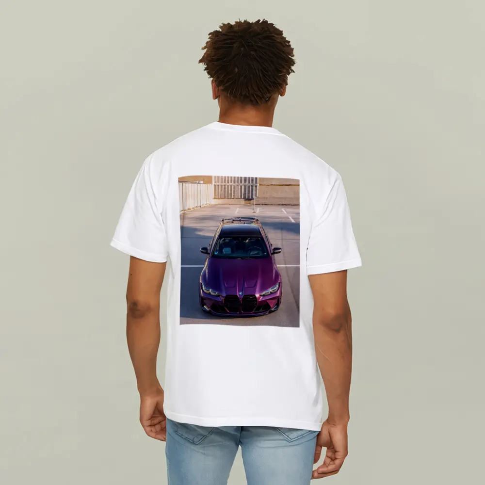 Purple BMW M4 Aerial View Parking Lot – T-Shirts