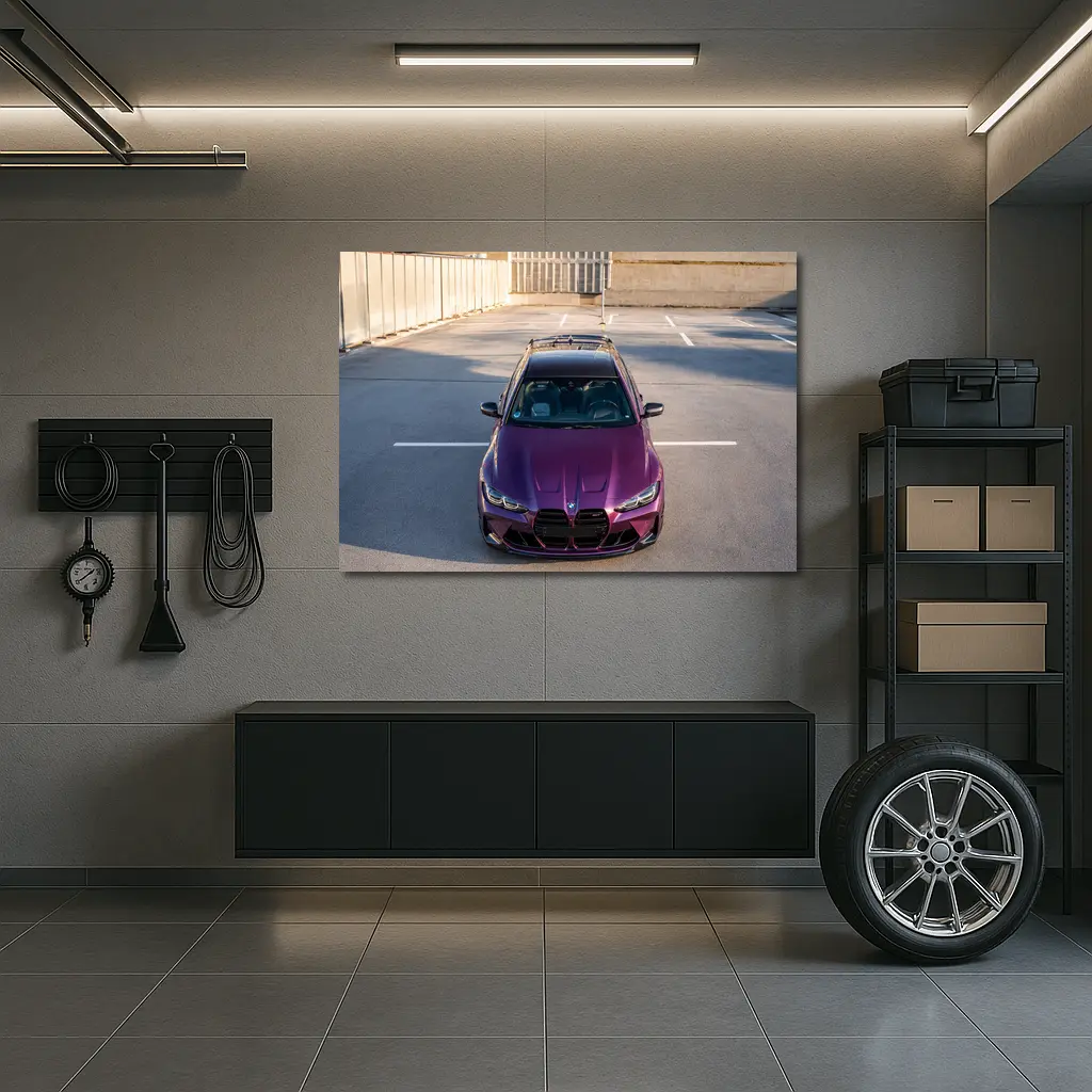 Purple BMW M4 Aerial View Parking Lot – Wall Art