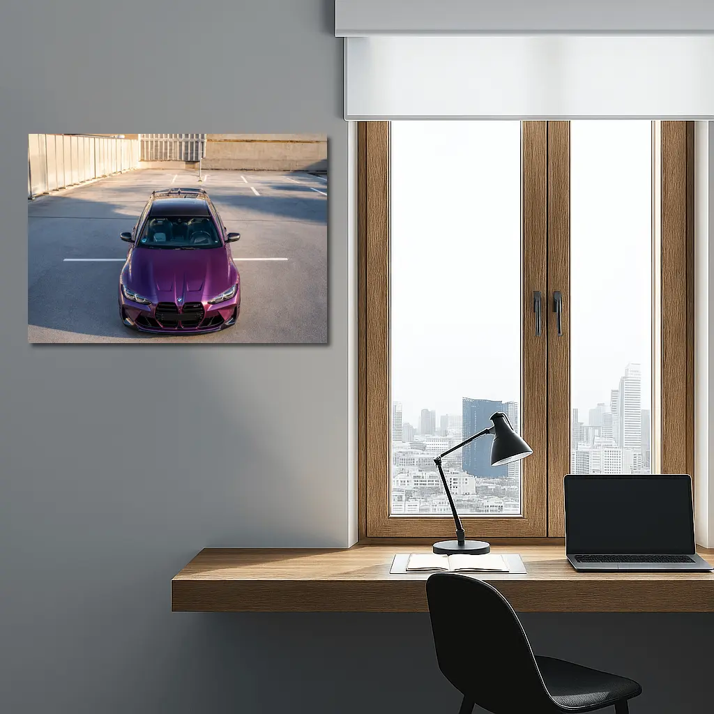 Purple BMW M4 Aerial View Parking Lot – Wall Art