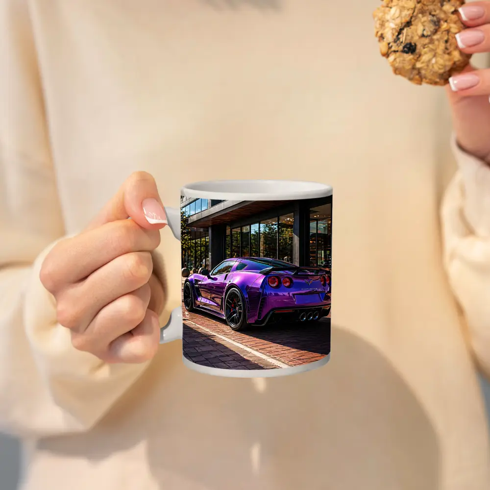 Purple Chevrolet Corvette Parked Urban Street – Mugs