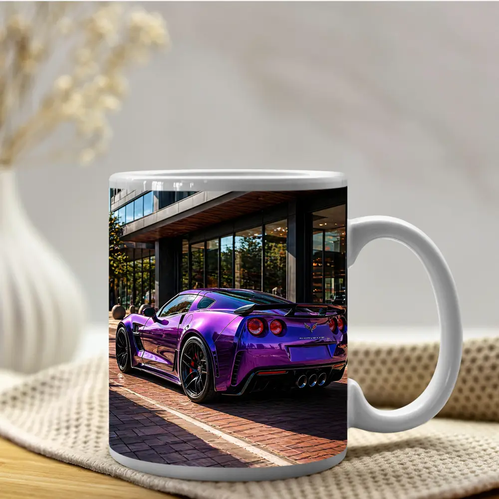 Purple Chevrolet Corvette Parked Urban Street – Mugs