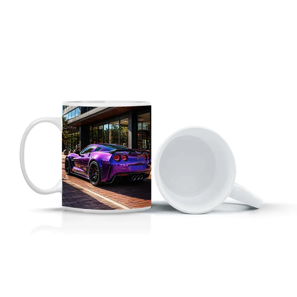Purple Chevrolet Corvette Parked Urban Street – Mugs