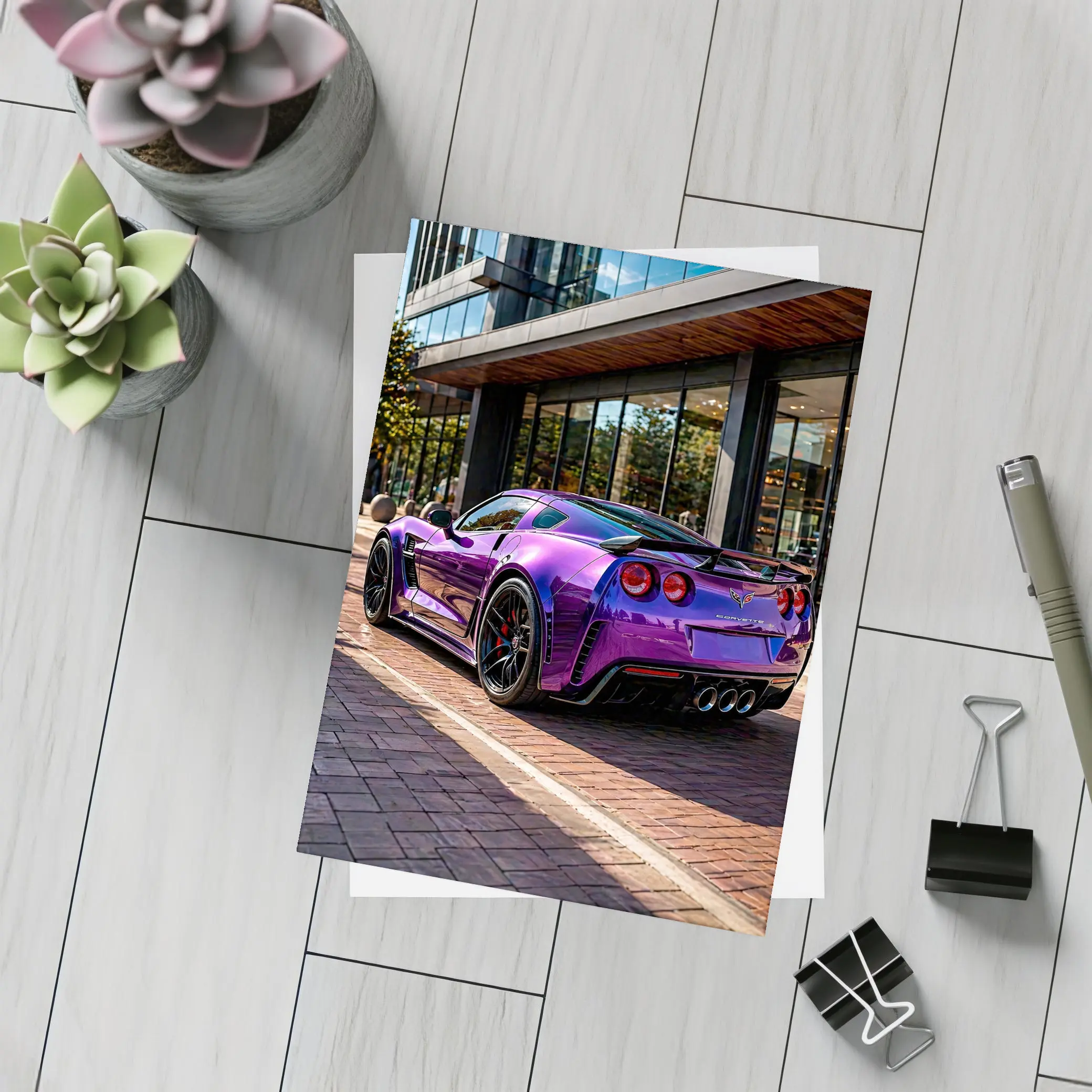 Purple Chevrolet Corvette Parked Urban Street – Postcards
