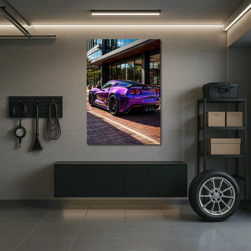 Purple Chevrolet Corvette Parked Urban Street – Wall Art