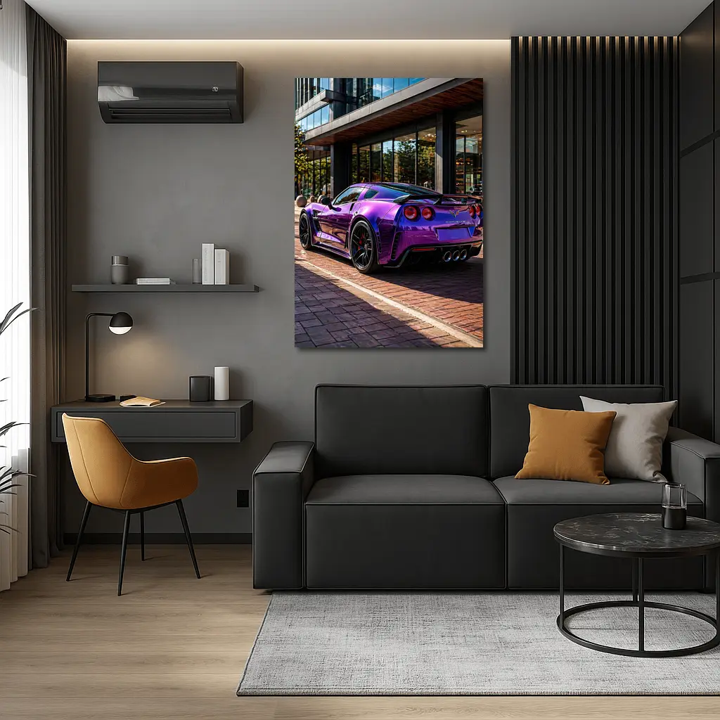 Purple Chevrolet Corvette Parked Urban Street – Wall Art