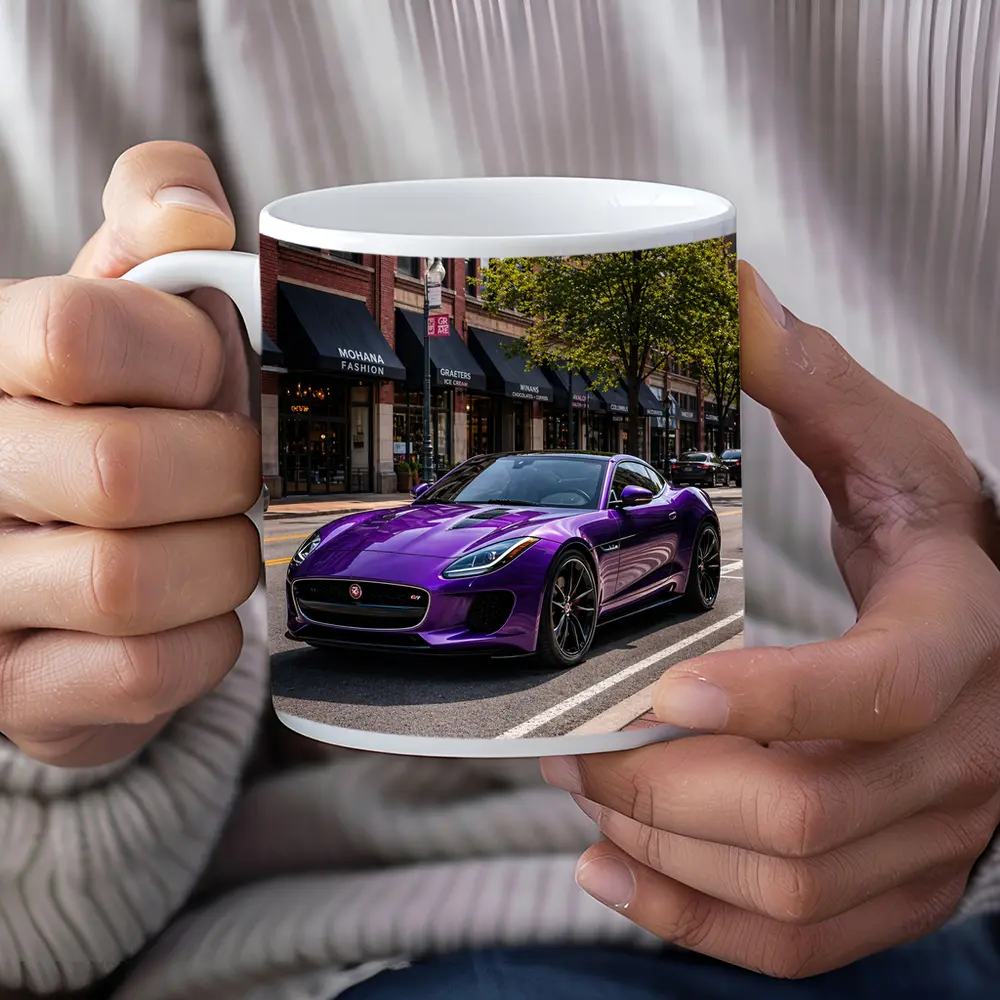 Purple Jaguar F-Type Parked Downtown Street – Mugs