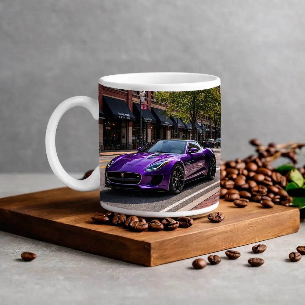 Purple Jaguar F-Type Parked Downtown Street – Mugs