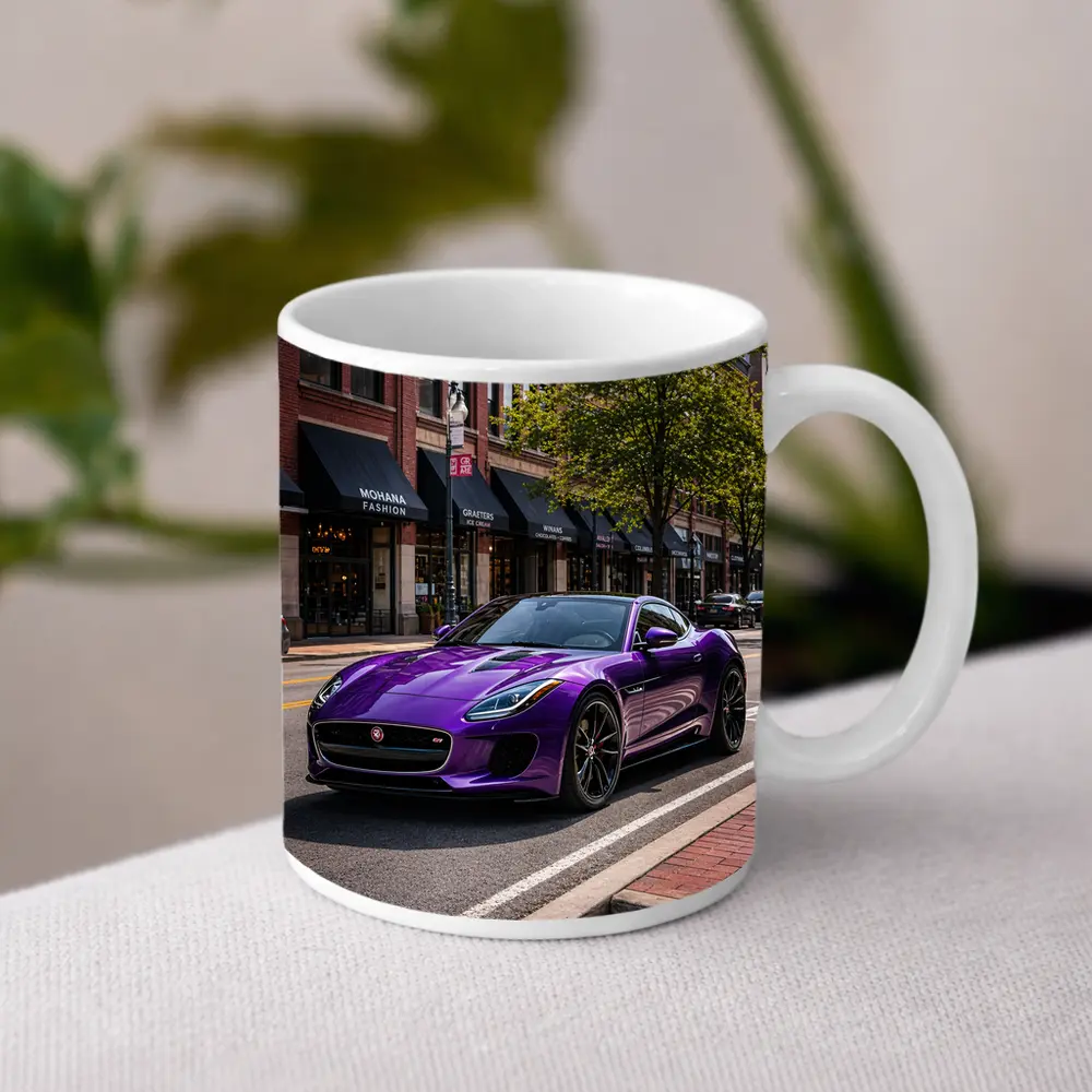 Purple Jaguar F-Type Parked Downtown Street – Mugs